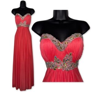 Beaded Rhinestone Strapless Coral‎ Evening Gown Floor Length Formal Dress